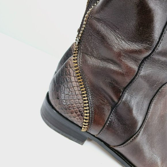 Arturo Chiang Falicity Tall Knee Boots 7.5 M Brown Leather Snakeskin Gold Zipper - Picture 7 of 16